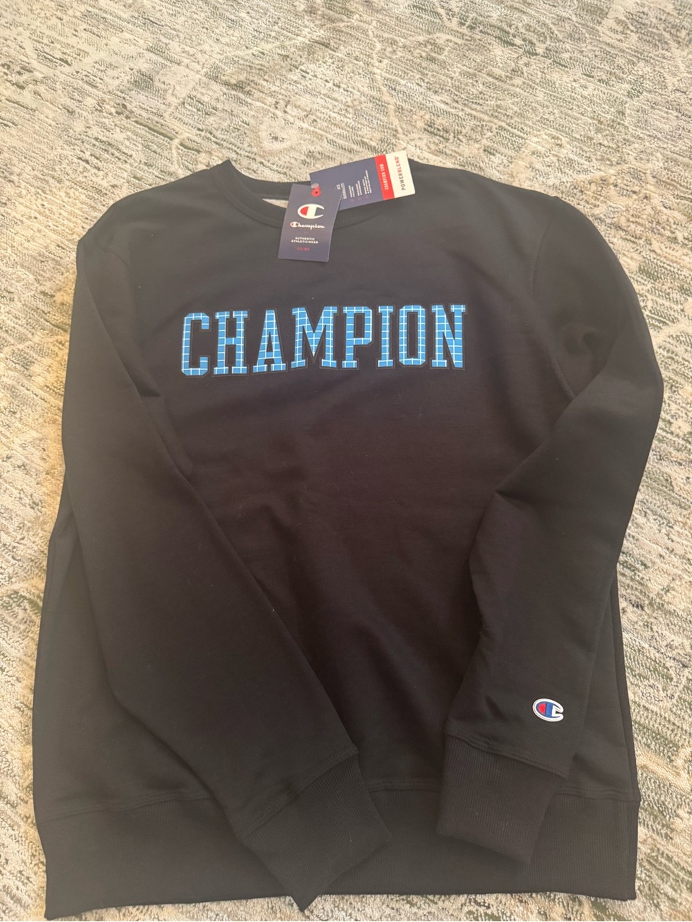 Champion Men's Black Crewneck Sweatshirt with Blue Logo NWT size M